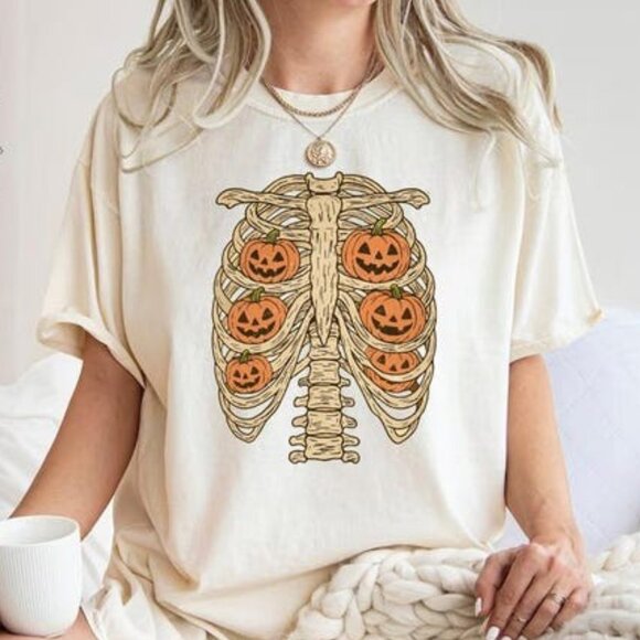 Tops - Retro Ribcage Pumpkins Shirt, Retro Halloween Shirt
